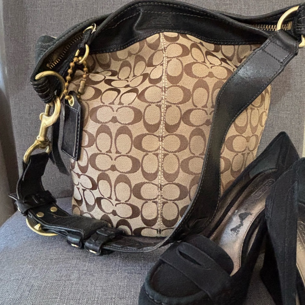 Vintage Y2K Coach Signature Jacquard Large Hobo Bag Black Leather Brass 11486